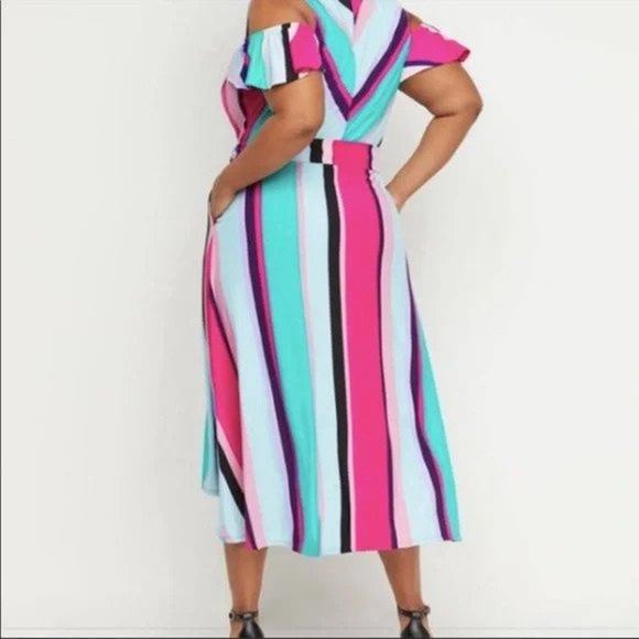 2/$30 Lane Bryant Faux Wrap Cold Shoulder Midi High Low Dress 18/20 Multi #7130 - Picture 10 of 16